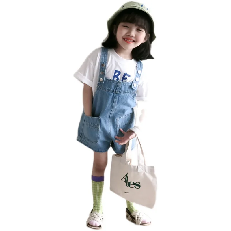 Summer Boys Girls All-match Denim Bib Shorts Korean Children Casual Five-point Shorts Adjustable Suspender Jeans