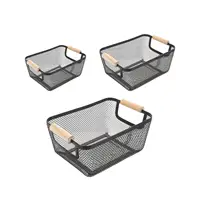 Metal Wire Bin Basket with Wooden Handle Multifunctional Countertop Organizer Portable for Living Rooms Breathable Lightweight 1