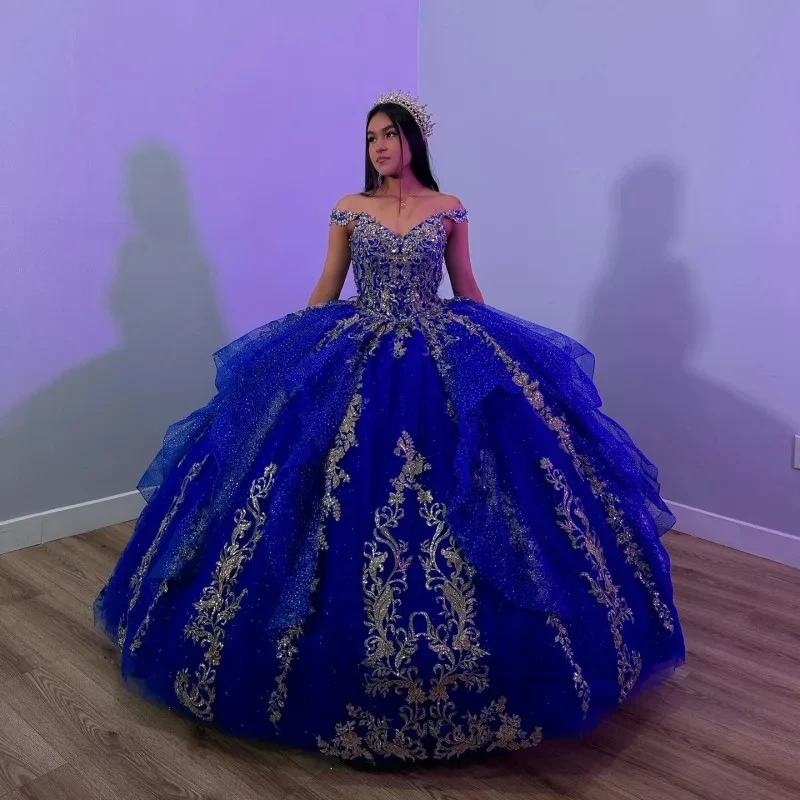 Shiny Royal Blue Quinceanera Dresses Crytal Gold Beading Lace Birthday Party Princess Gown Vestidos De 15 Anos quinceanera dresses