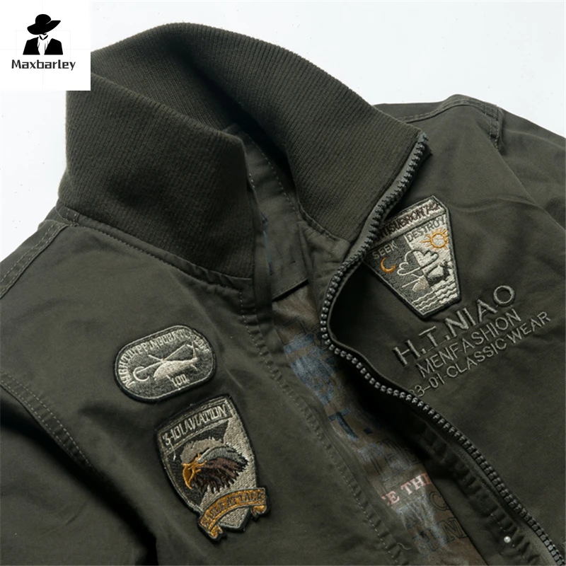 Tactical Work Jacket Men's Autumn Vintage khaki Embroidered MA1 Flying Cargo Jacket Field Loose Bomber Coat Jaqueta Masculina