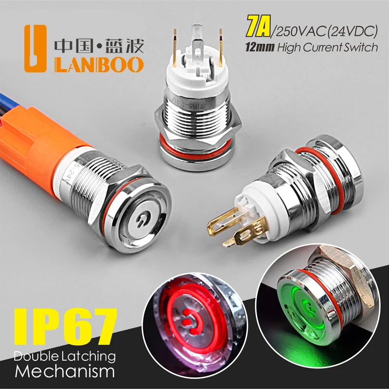 Wysokiej jakości przełącznik wysokiej jakości serii LANBOO 12E 7A wysokiej mocy 1NO z pierścieniem lub dioda LED dużej mocy metalowy przełącznik wciskany z samochodem