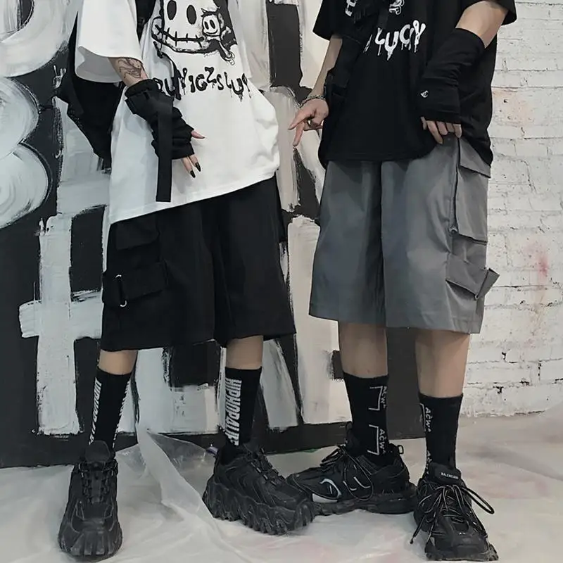 Summer Solid Color Elastic Waist Loose Casual Knee Length Cargo Pants Man Korean Style Street Motion All-match Straight Shorts