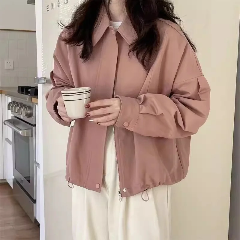 2024 Early Spring New Loose Solid Color Retro Lapel Loose Jacket Women's Korean Loose Versatile Hem Drawstring Short Jacket WLF