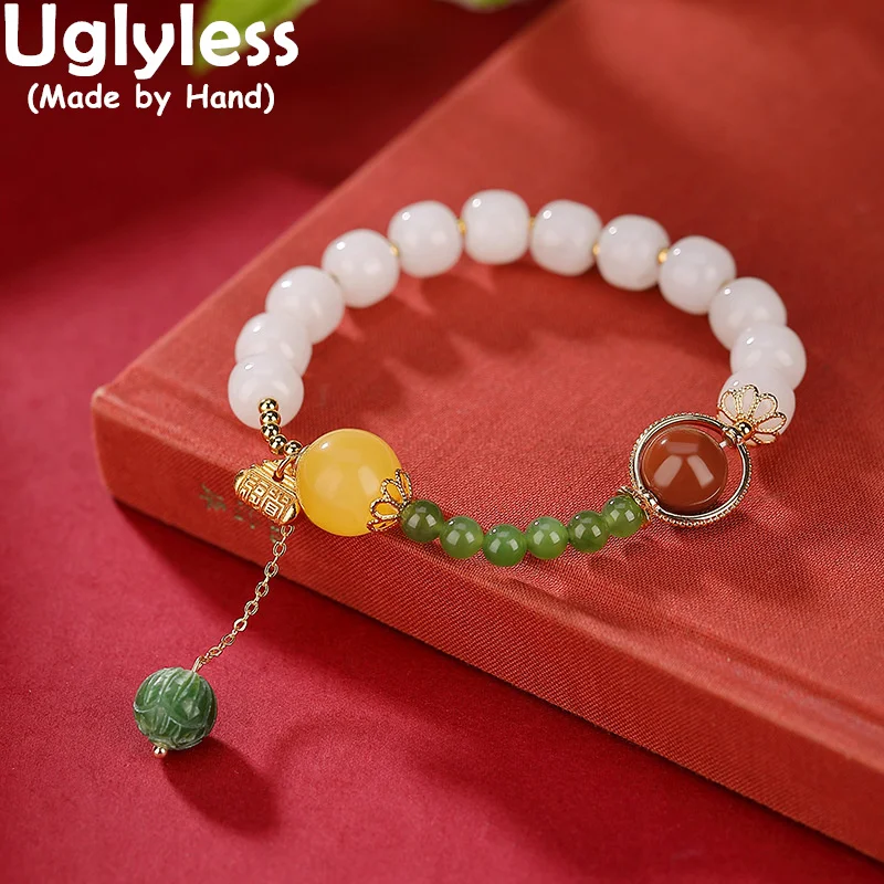 

Uglyless Long Tassels Natural Multi Gemstones Beads Bracelets for Women Hotan Jade Jasper Agate Amber Bracelet 925 Silver Bijoux