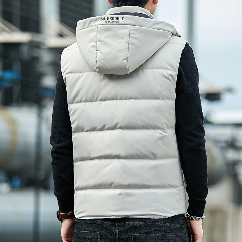 Warm Duck Down Vest Hooded Detachable Men Stand Collar Windproof Jacket Fashion Simple New Causal Thermal Sleeveless Zipper Coat