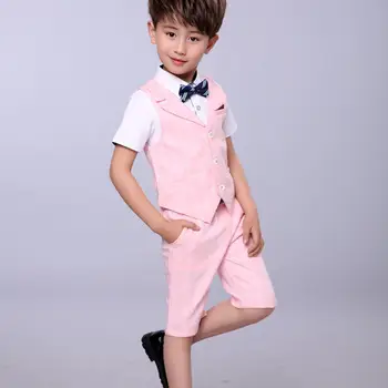 베이비 보이 여름 핑크 정장 슈트 키즈 조끼 + 반바지 2Pcs 사진 세트 어린이 웨딩 공연 파티 드레스 행사 의상
