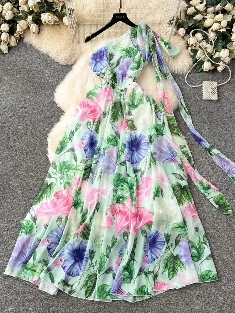 

Summer Gorgeous Flower Chiffon Dress Women's Sleeveless One Shoulder Bowknot Floral Print Elastic Waist Bohemian Robe Vestidos