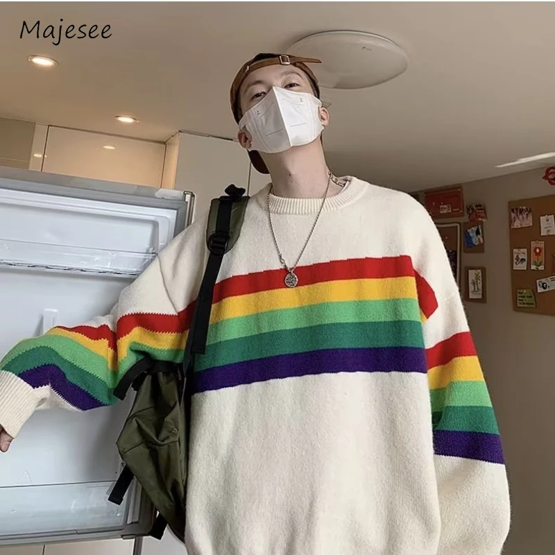 

Rainbow Striped Sweaters Men O-neck Slouchy Autumn Panelled Baggy Pullover Unisex Prevalent Japanese Style Full Sleeve All-match