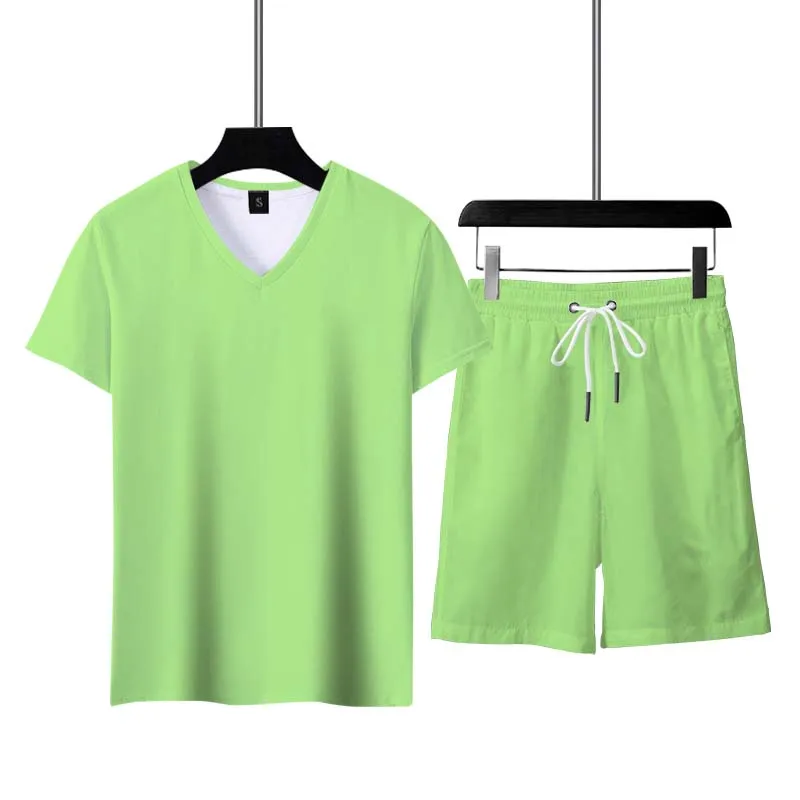 

Summer Men Casual 2-piece New Fashion 3D Print Men's T-Shirt Sets Solid Color Tracksuit Outfit Jogging Sportwear Pants Suit