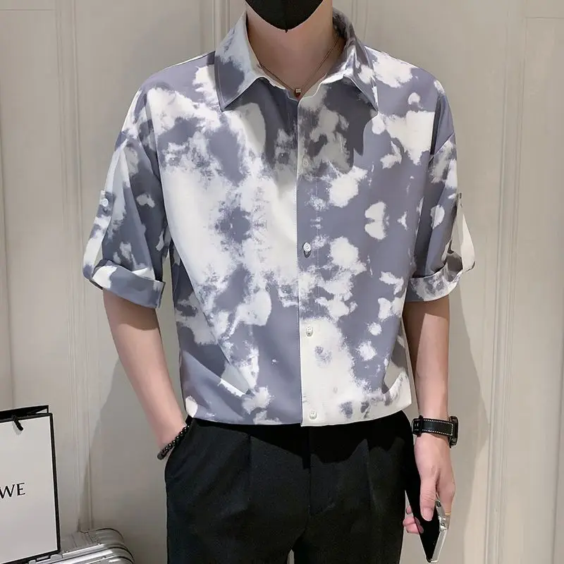 Summer Male Polo-neck Printing Casual Fashion Blouse Hombre Short Sleeve Loose All-match Cardigan Shirt Men Oversized Trend Top