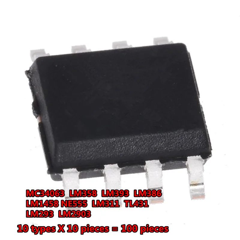 

В основном используется SMD IC комплект MC34063 LM358 LM393 LM386 LM1458 NE555 LM311 TL431 LM293 LM2903 каждый 10 шт. * 10 валиков = 100 шт.