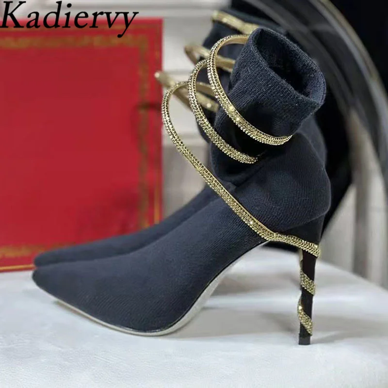 

New High Heel Knit Boots Women Rhinestone Snake Twine Around Ankle Strap Party Shoes Women Stiletto Stretch Sock Boots Woman