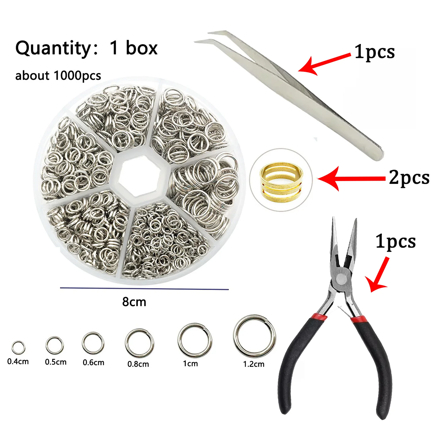 Assorted Jump Rings Set with Opening Tool for DIY Crafts - 1000 Pieces in 6 Sizes