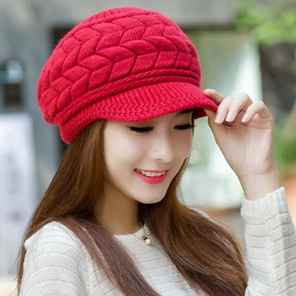 Casual Thickened Knitted Wool Hat Wool Keep Warm Duck Tongue Cap Windproof Ear Protection Beret Hat for Women