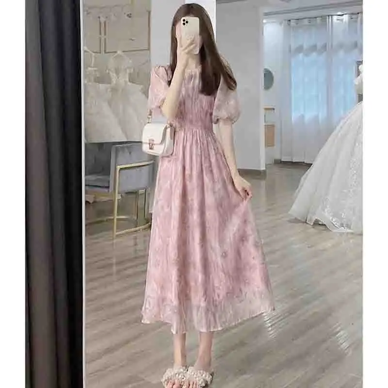 

High End Sense niche Women Summer Appear Thin Fragmented Flowers Dress French Fairy New Design Gentle Wind Floral Long Skirt