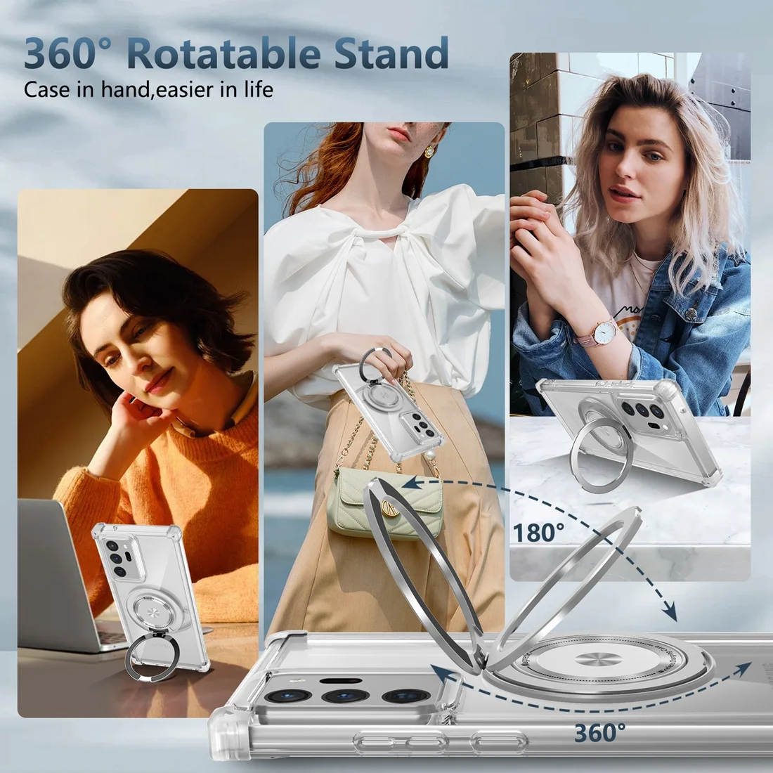 Clear Phone Case with 360° Rotating Ring and Magnetic Kickstand