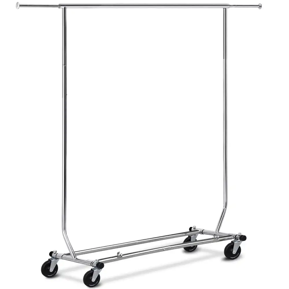 

Adjustable Metal Garment Rack Single Rail with Casters Chrome Silver Simple and Foldable Structural Design