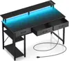 Computer Desk with Power Outlets & LED Light, 47 inch Home Office Desk , Modern Work Desk for Home Office, Carbon Black 1