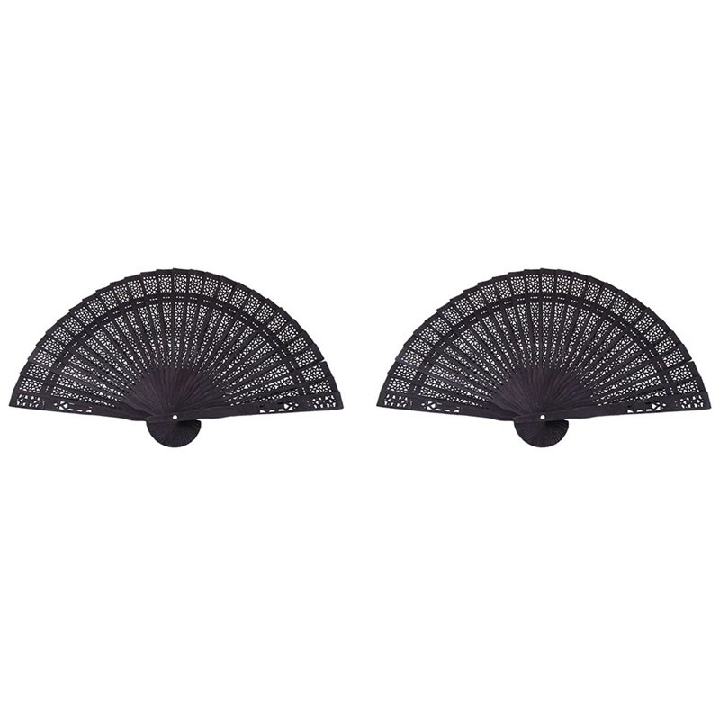 

2Pcs 8 Inch Chinese Japanese Folding Fan Original Wooden Hand Flower Bamboo Pocket Fan-Black