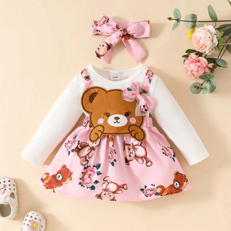 

Женское осеннее платье для новорожденных, Милая юбка с мультяшным медведем, платье с длинным рукавом и повязкой для волос, наряды для младенцев