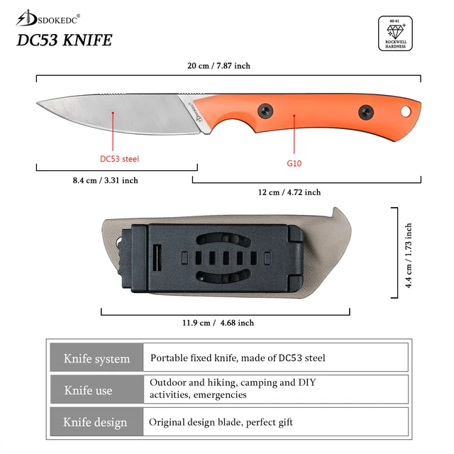 Feststehendes Messer Aus DC53 Stahl Mit Kydex-Scheide - EDC Survival Outdoor Camping, Schwarz
