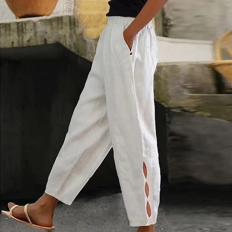 

Spring Summer Streetwear Solid Straight Pants Retro Cotton Linen Button Women's Pants Casual Elastic Waist Pocket Commuter Pants