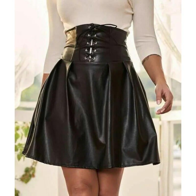 Women's SEXY Real Lambskin Leather Skirt Lace Up Style Pleated Party Short Skirt