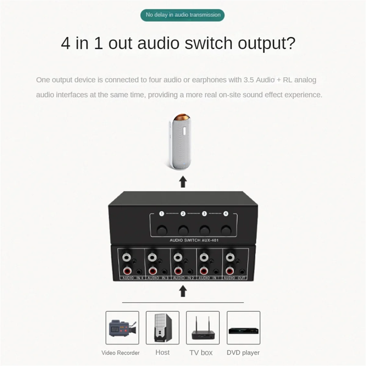 RCA AUX Audio Switcher 4 in 1 Out Stereo Audio Selector 4X1 3.5mm Aux L/R RCA Switch Box Analog Selector, A