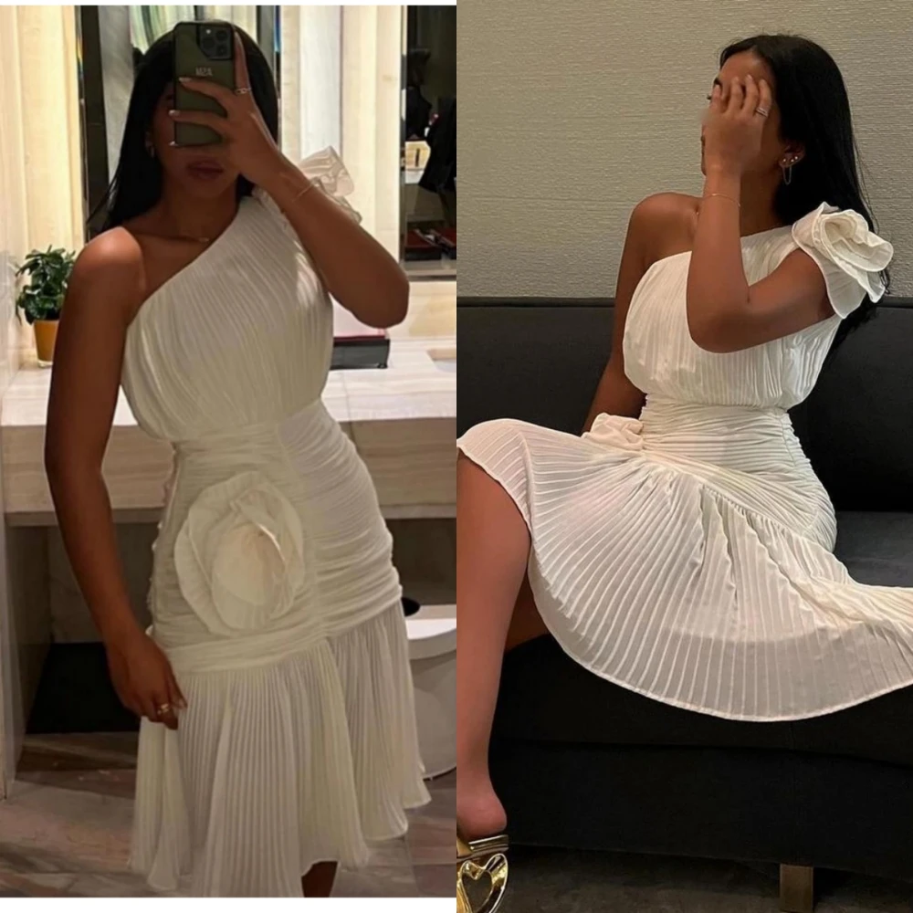

Prom Dresses Simple One-shoulder A-line Knee length Cocktail Flower Draped and Shirred Organza Formal Occasion Gown فستا