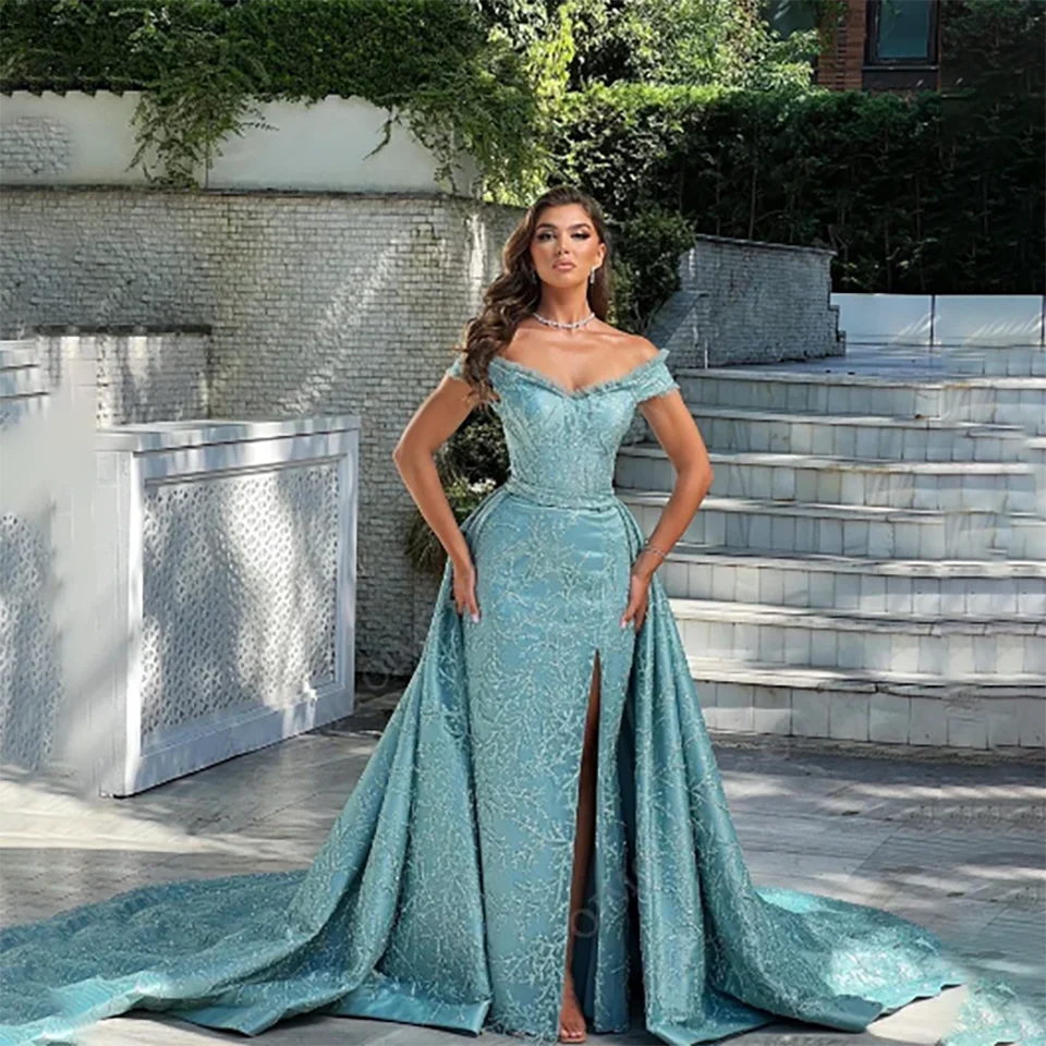 Elegant Arabic Dubai Side Slit Off The Shoulder Mermaid Formal Evening Wedding Dresses 2024 Ruffles Tulle Bridal Gowns For Women