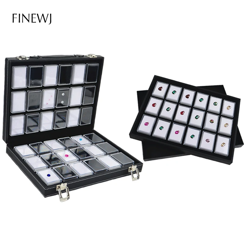 Portable PU Leather Gem Stone Suitcase Diamond Display Storage Tray Case 18 Plastic Box With Cardboard Lid Bead Gem Jars Insert 1set rectangle padlocks mini luggage hardware locks with key lock for travel wedding jewelry box diary book suitcase