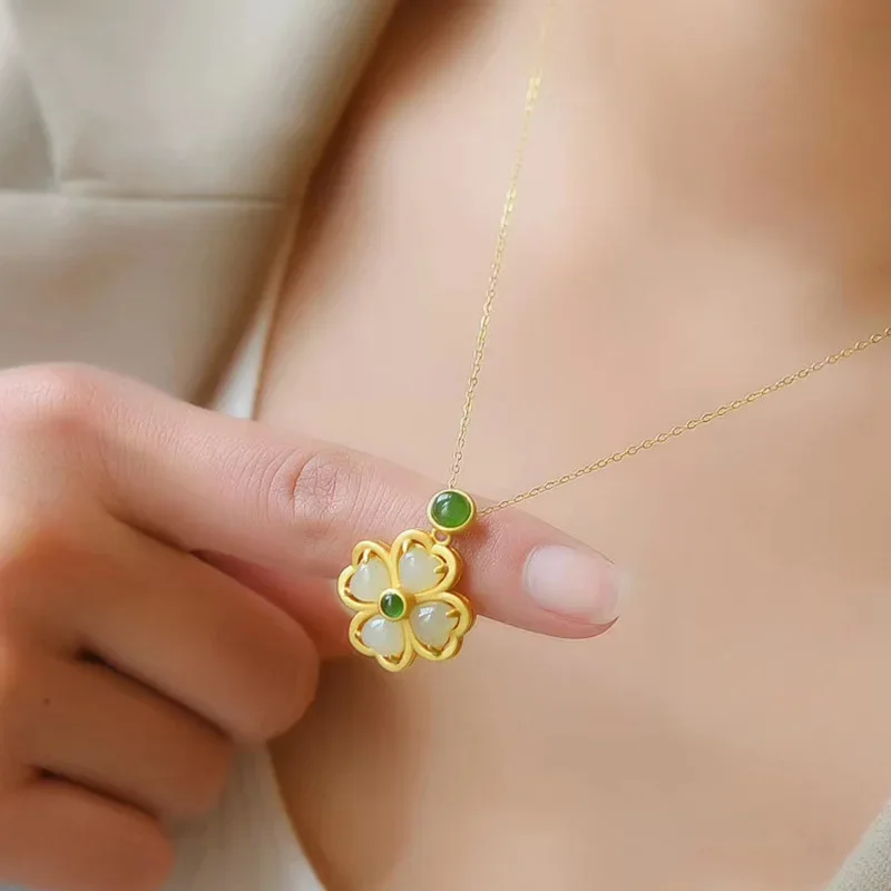 Pendant Necklace Natural Hetian Jade Clover Pendant Necklace 925 Silver Jewelry for Women
