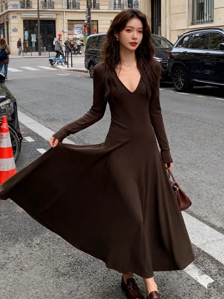 Elegant Women Solid Color Dress 2026 Spring Fall  V-Neck Long Sleeve Bodycon Long Maxi Dress Fashion Ladies Casual Dresses