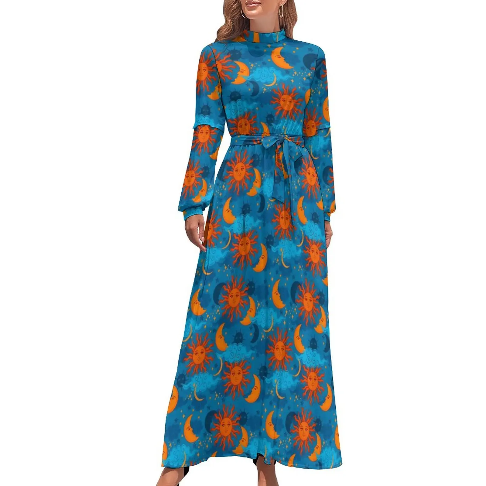 

Stars Sun Moon Dress Long Sleeve Night Sky Print Cute Maxi Dress High Neck Aesthetic Bohemia Long Dresses Birthday Present