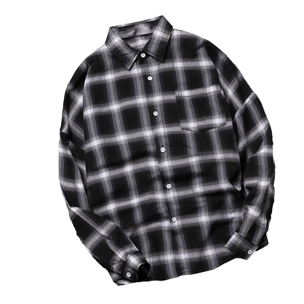

Man Clothes Shirt Daily Formal Dress Tops Long Sleeve Shirts Retro Plaid Tops Baggy Shirts Band Collar For Man