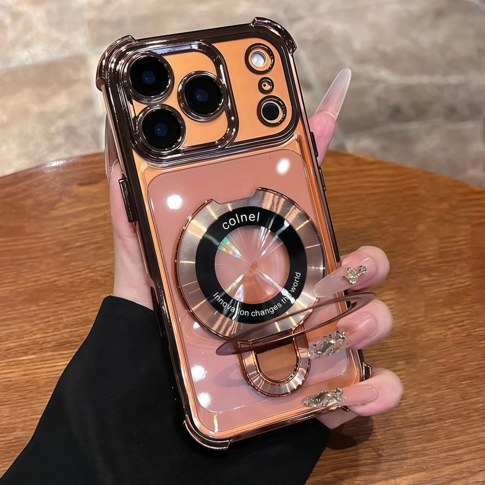 Deluxe Transparent Magnetic Shockproof Case with Adjustable Stand and Plating Finish