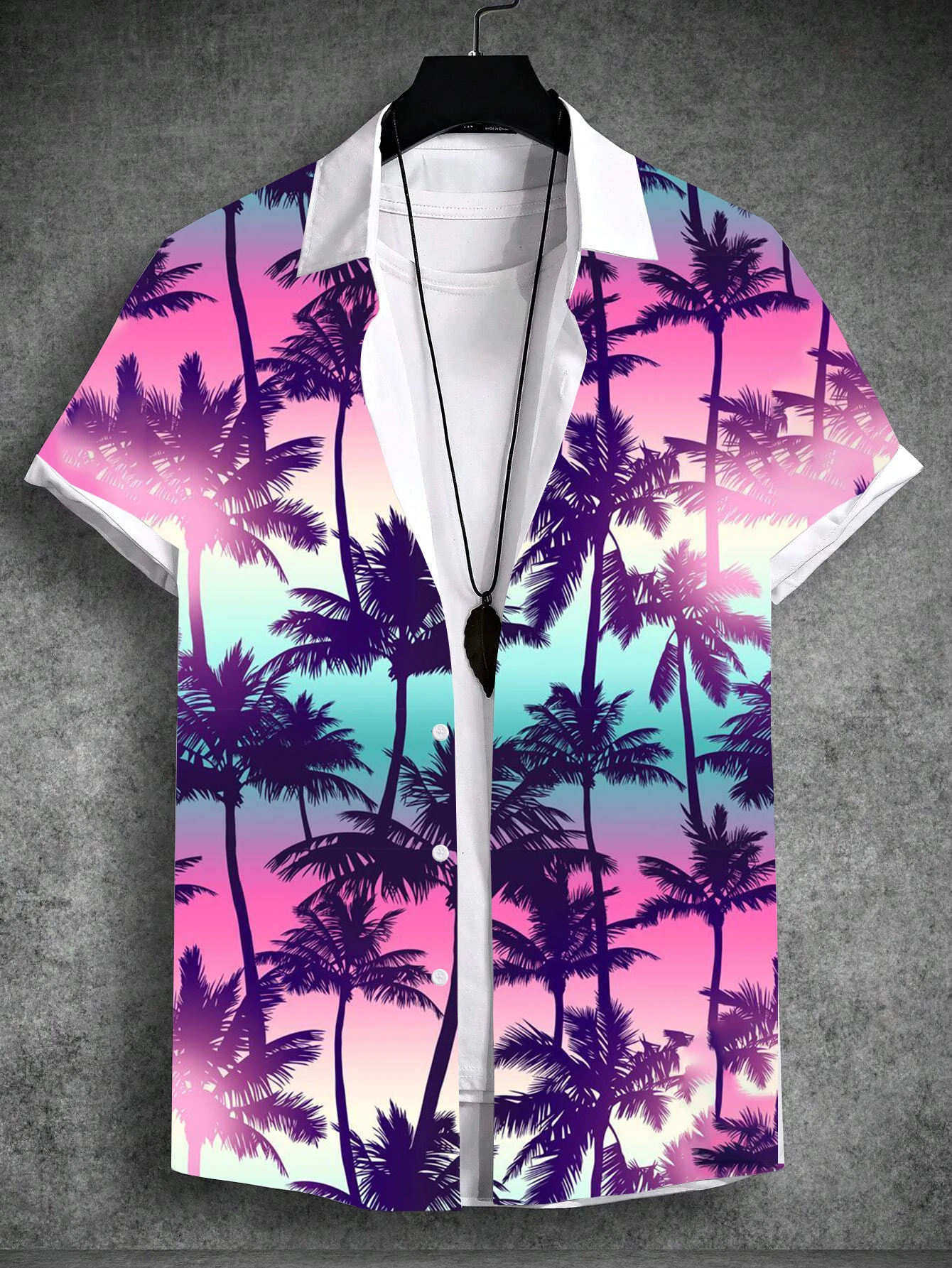 2024 Summer Men's Tropical Print Hawaiian Beach Vacation Set Plant Coconut Tree Short Sleeve T-Shirt 4-Way Stretch Fabric Shirt 2
