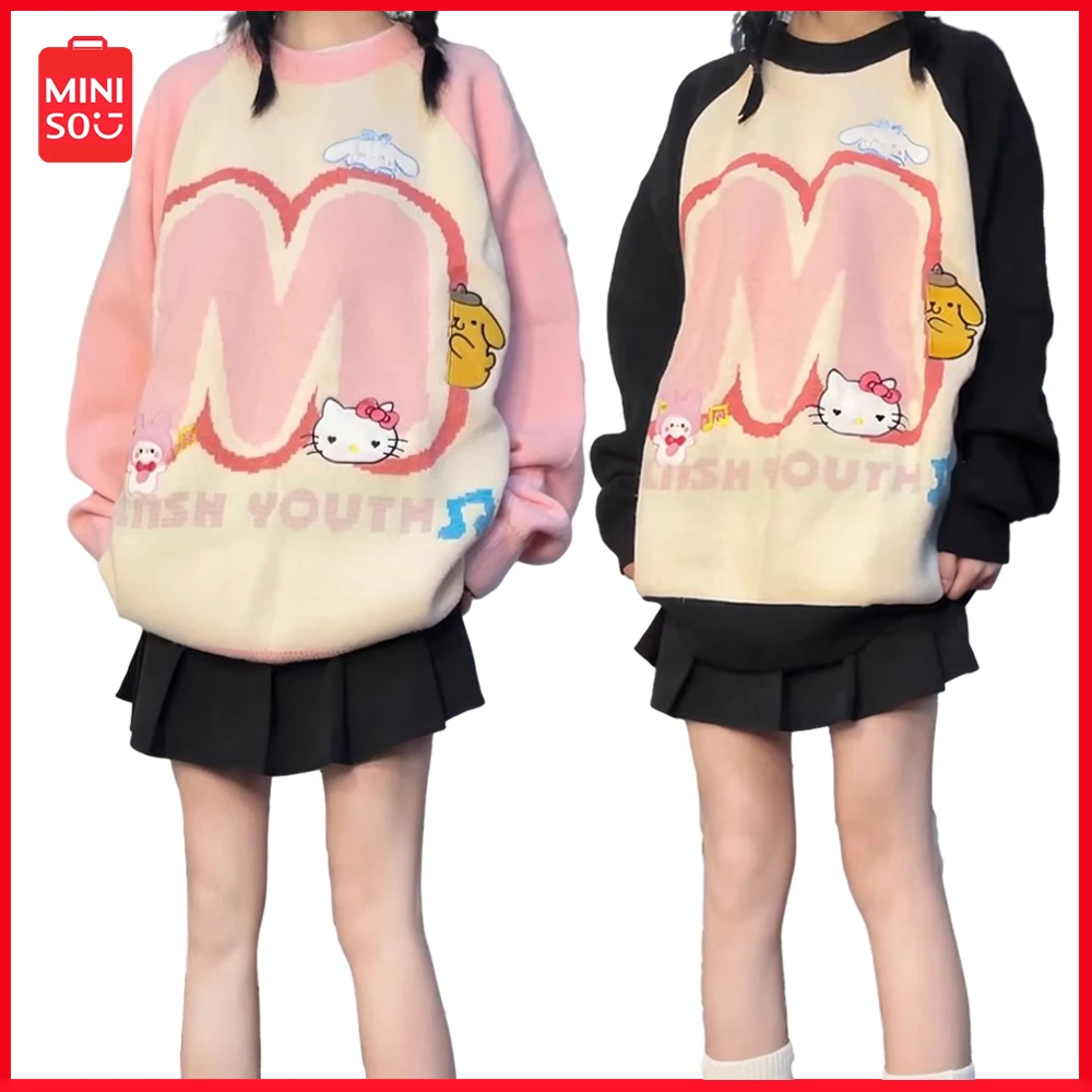 

Новый Miniso Sanrio Hellokitty Kawaii Вышивка пуловер свитер женский Осень Зима Свободный корейский вязаный свитер Теплые Топы для пар