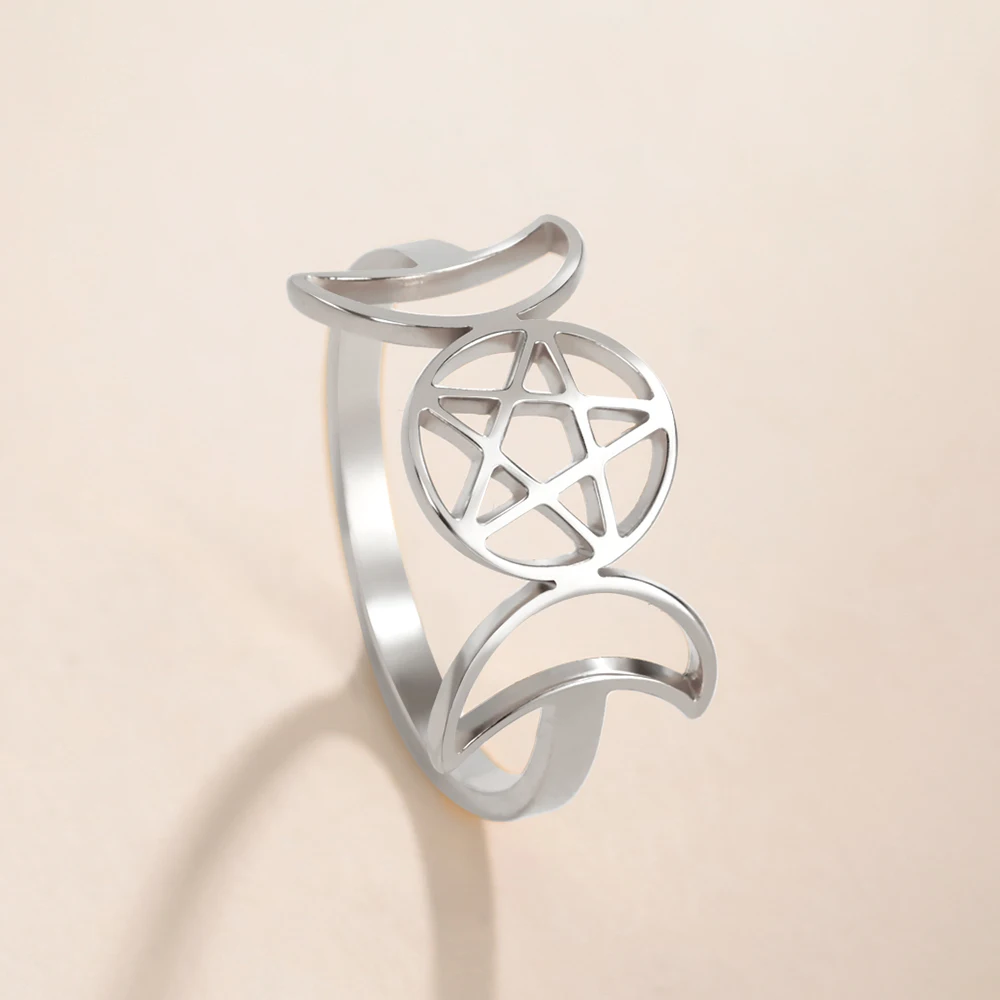 Jewelry Rings COOLTIME Pentagram Triple Moon Goddess Symbol Stainless Steel Crescent Star Vintage Wicca Women Men Gift