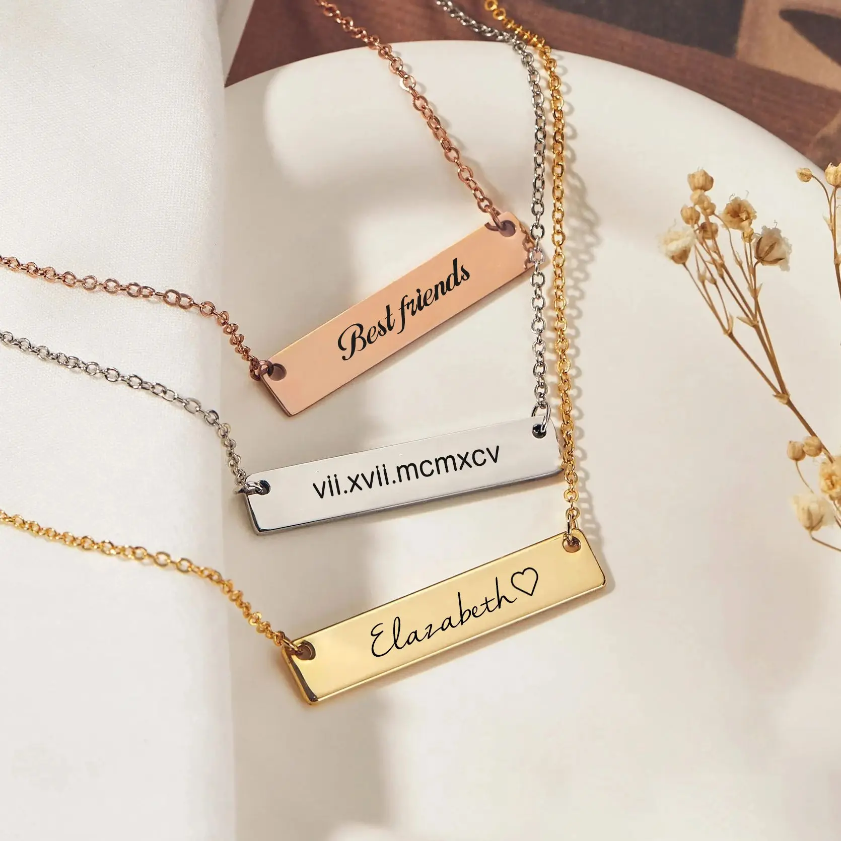 Daily Engraved Name Bar Necklace Custom Text Square Necklace with Rolo Chain Nameplate Jewelry Gift Birthday Gift for Woman personalized wood hexagon earring display card tags with logo text engraved earring holder cards jewelry display packaging tag
