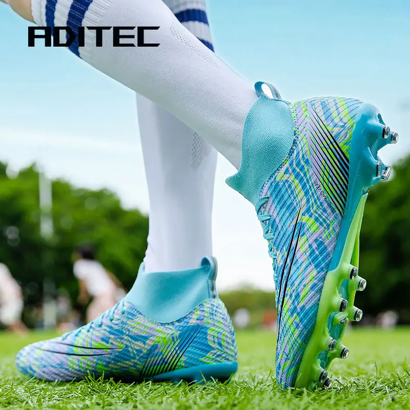 Aditec professional Unisex Soccer Shoes Long Spikes TF Ankle Football Boots Outdoor Grass Cleats Football Shoes Eu size