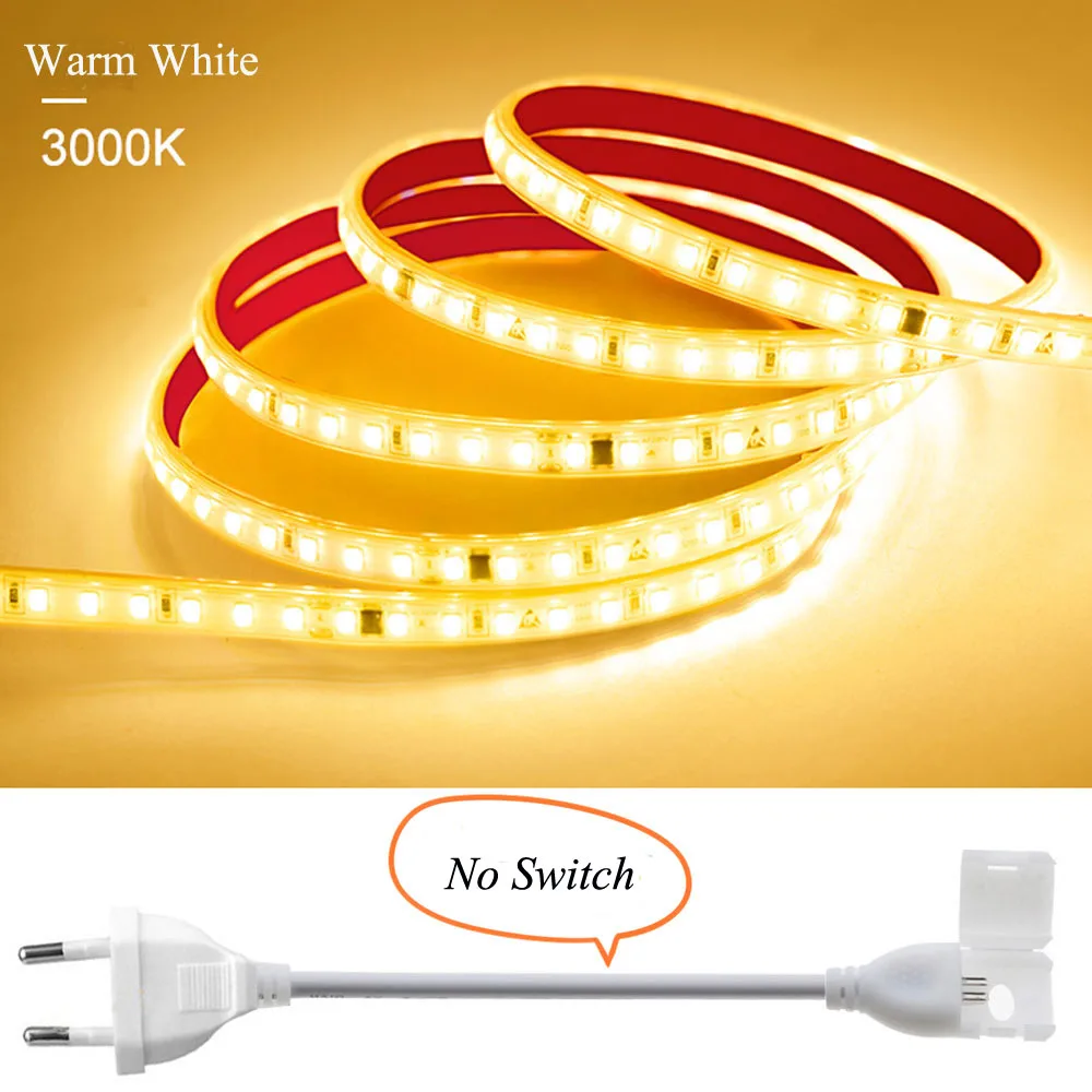 Tira de luces LED de 120 LED/m, 220 V, flexible y de 10 cm, cortable, con cinta adhesiva 2835, enchufe europeo, para tocador, armario, decoración del hogar