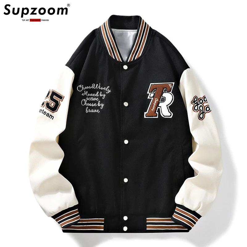 Supzoom 반팔 자수 브랜드 의류 야구 재킷, 루즈한 십대 학생, 프레피 스타일, 가을 신상