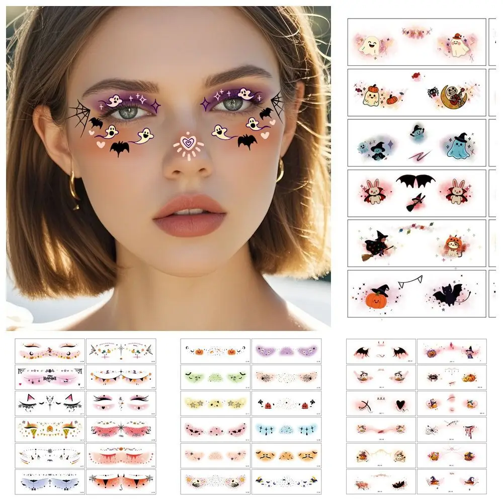 12pcs Disposable Halloween Face Tattoo Waterproof Long-acting Cheek Temporary Stickers Terrifying Portable