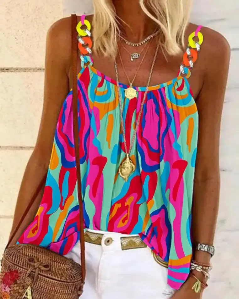 

Women's T-Shirt 2024 New Series Basics Casual Scoop Neck Abstract Print Chain Decor Flowy Cami Top ﻿