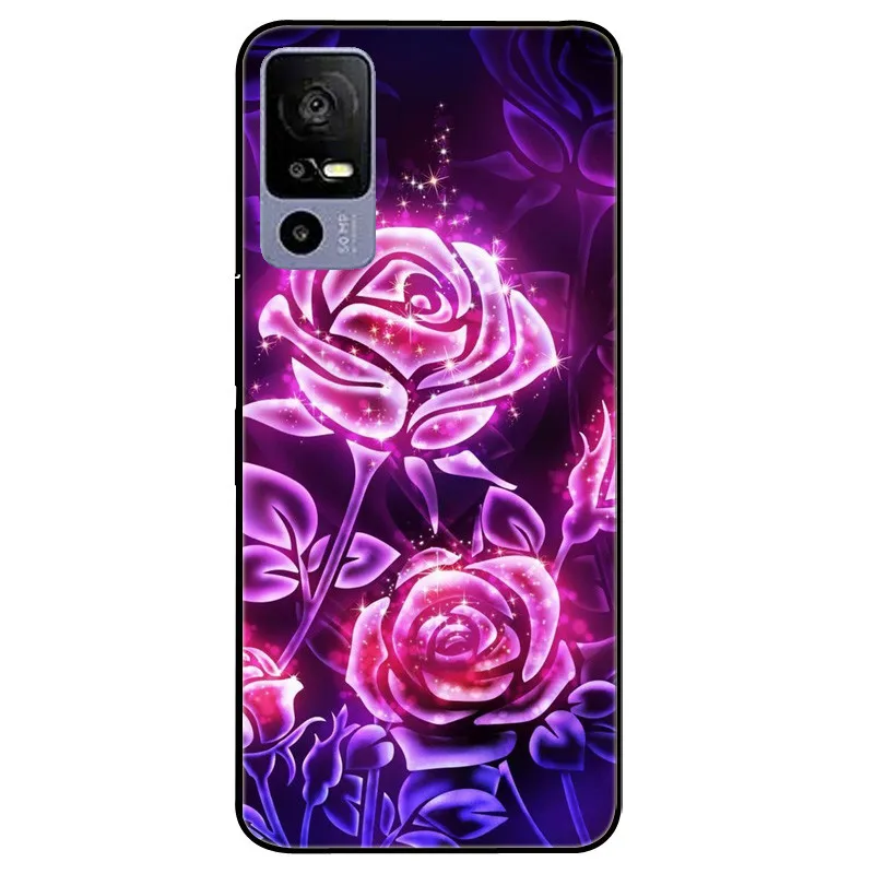Custodia + Vetro Temperato Per TCL 40R 5G | Silicone Trasparente Antishock Con Design Fiore Rosa, Protezione Completa