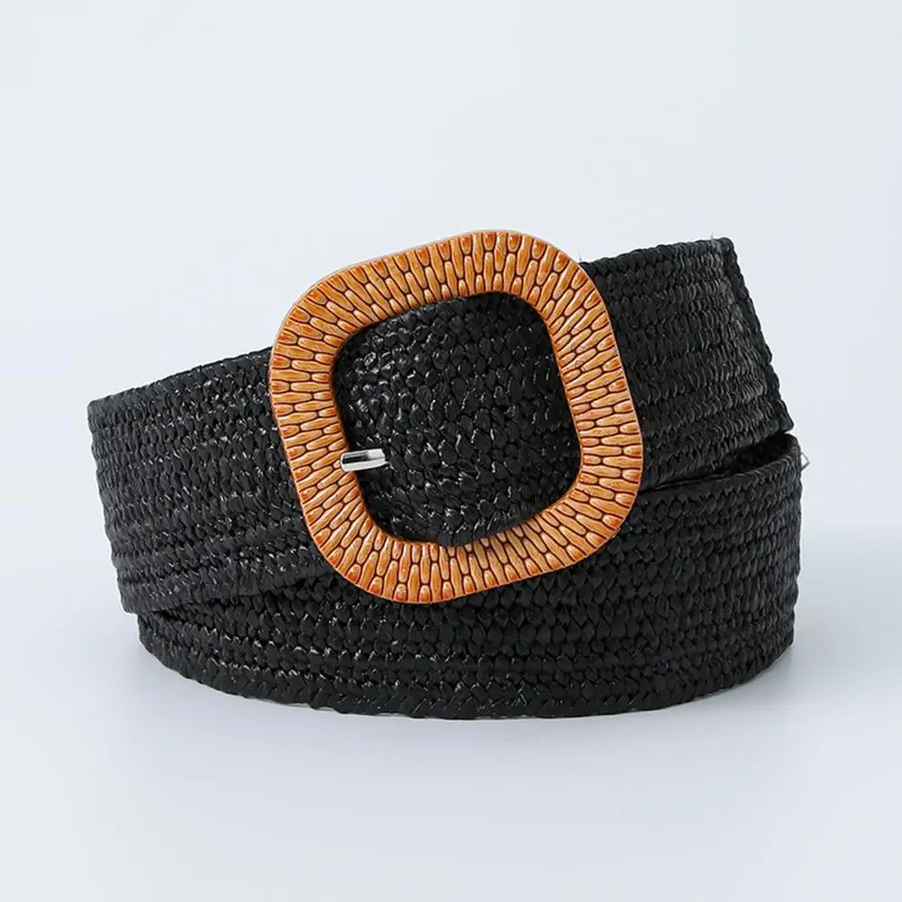 

Trendy Bohemian Square Buckle Elastic Braided Belts Women Summer Wild Linen Weave Fake Straw Waist Belt Dress Shirt Decoration