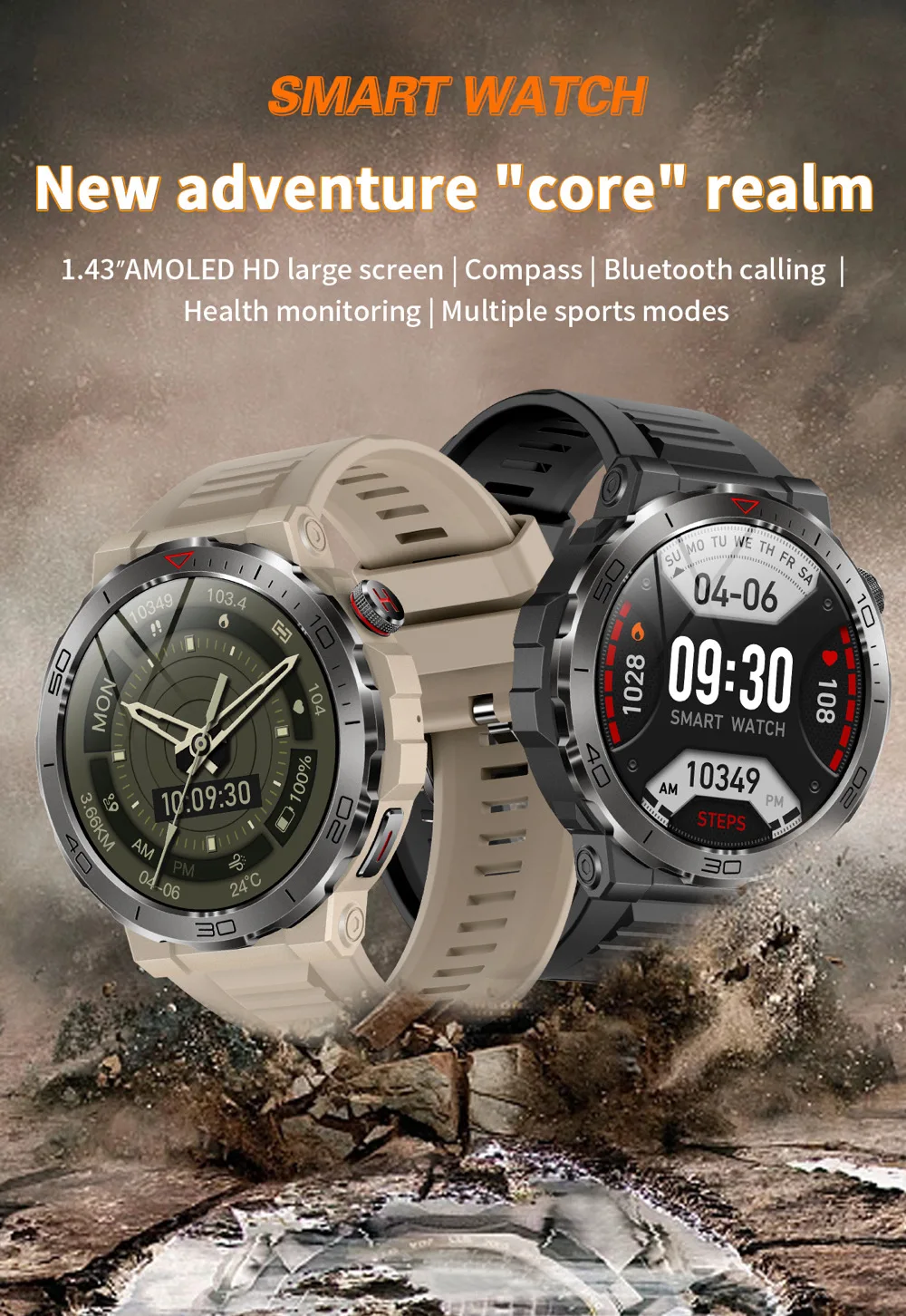 Reloj inteligente deportivo con GPS y pantalla AMOLED, pulsera con brújula, IP68, resistente al agua, Bluetooth, llamadas, monitorización de la salud, para hombre, para actividades al aire libre_voghion.com