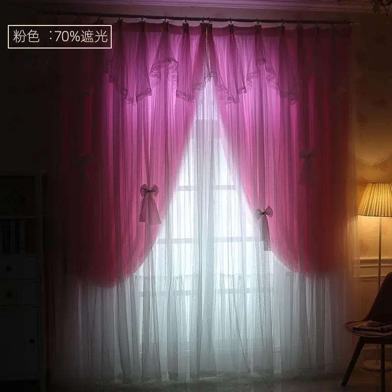 New Nordic Solid Color Double-layer Curtain Princess Style Pink Lace Semi Shade Curtain for Bedroom Living Room 2