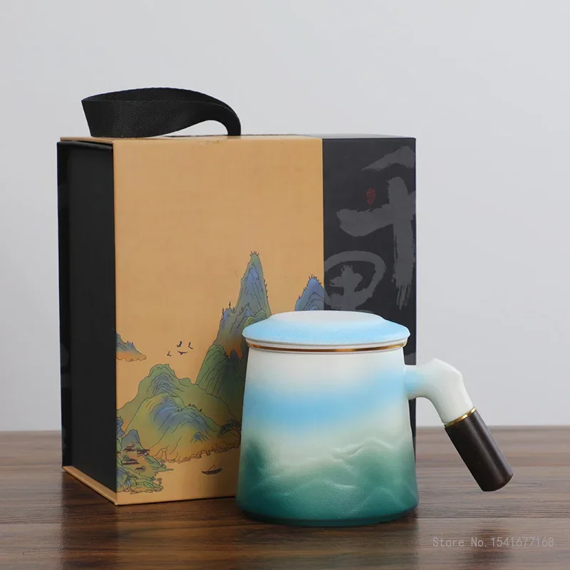 China Creative Gradient Color Ceramic Mug, Tea Cup Water Separation, Office Cup, Wooden Handle with Lid, Home Personal Gift, 1Pc